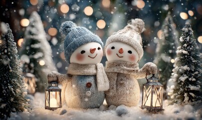 Festive Holiday Scene: Two Adorable Snowmen with Lanterns in a Snowy Winter Forest