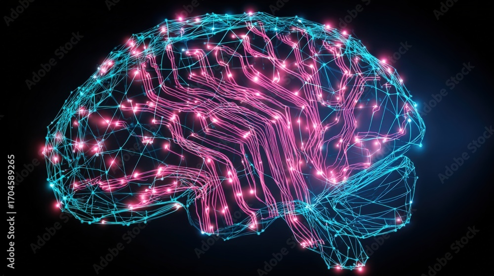 Poster digital brain network concept: artificial intelligence, neural connections, cognitive function, and 