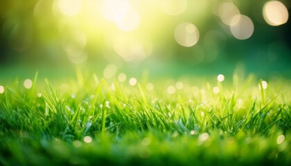 Obraz premium Beautiful Blurred Spring Background With Green Grass And Bokeh Light Effect Close Up