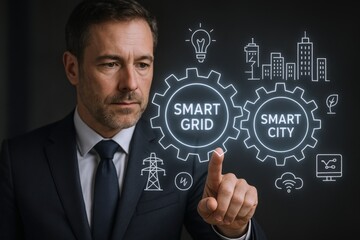 Smart Grid and Smart City Concept: Businessman Interacting with Digital Interface for Sustainable Urban Development