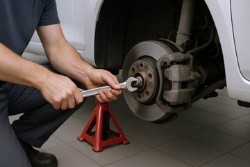 Automotive Technician Repairing Vehicle Brake System Using Wrench for Maintenance and Safety Inspection in Workshop