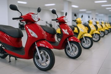 Row of colorful scooters parked indoors, showcasing red and yellow vehicles in a showroom setting