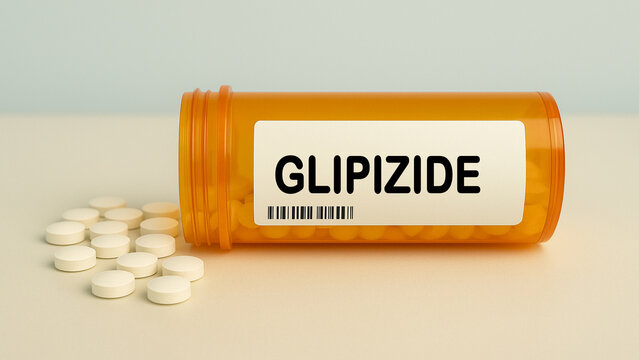 Box of GLIPIZIDE tablets on a hospital pharmacy table used to control blood sugar in type 2 diabetes a sulfonylurea.