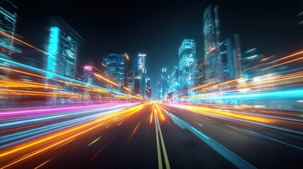 Obraz premium Futuristic Cityscape at Night with Dynamic Light Streaks and Modern Architecture Backdrop