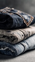 Old jeans flat lay, close-up texture, faded fabric and simple lines in minimal vintage style.