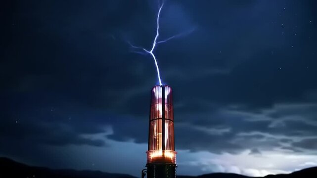 Lightning strikes Tesla coil tower.
