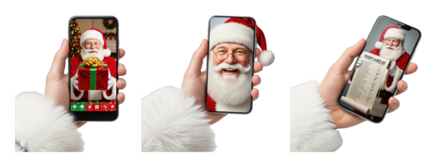 Santa Claus digital interactions set including mobile video call, gift giving, smiling portrait, and naughty list isolated. Holiday messaging and festive app concepts.