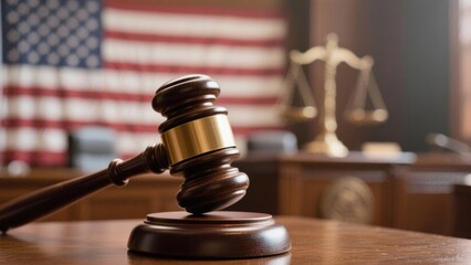 Gavel hammer in courtroom, selective focus with blurred USA flag in background, symbol of law, justice, and legal system