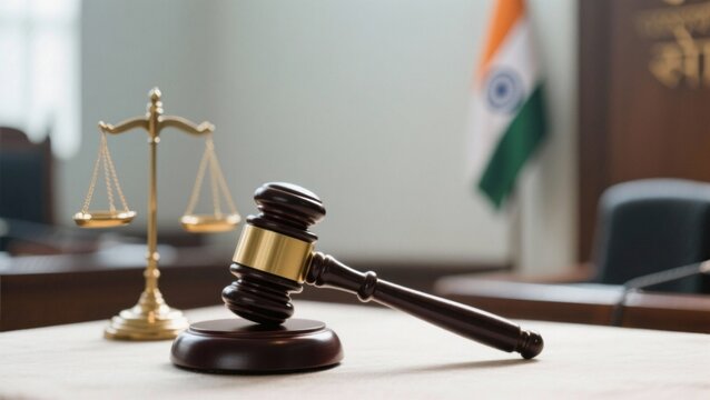 Gavel hammer in courtroom, selective focus with blurred Indian flag in background, symbol of law, justice, and legal system 