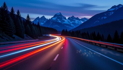 Futuristic highway road with car speed motion, bright light at night, modern landscape and dynamic transportation background
