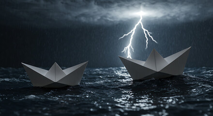 Obraz premium Paper Boats Navigating the Storm: Two paper boats bravely face the turbulent sea beneath a dramatic sky, as a powerful lightning bolt illuminates the stormy scene.