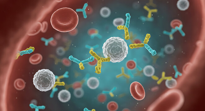 Immune System in Action: A detailed visualization of antibodies interacting with cells and blood, showcasing the body's defense mechanisms. - Powered by Adobe