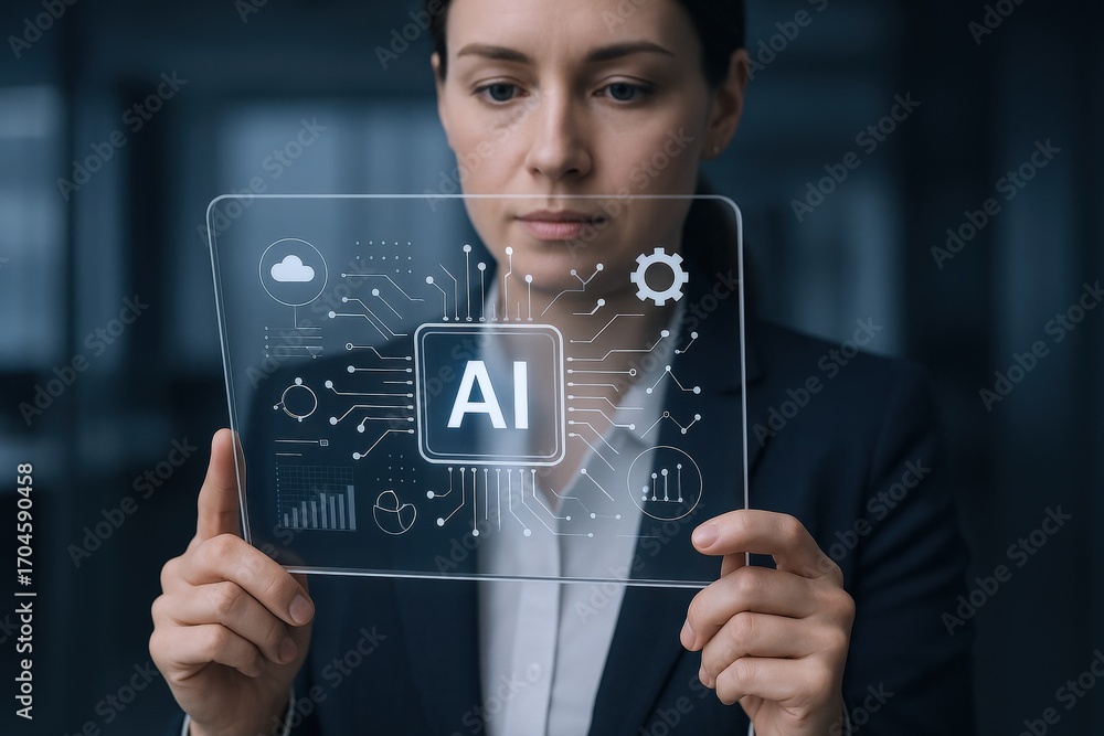 Poster businesswoman analyzing artificial intelligence data on a transparent interface, visualizing machine
