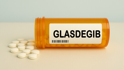 Box of GLASDEGIB tablets on a hospital pharmacy table used to treat acute myeloid leukemia a...