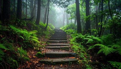 Obraz premium Stone steps ascend into a foggy, lush forest. Ferns and trees frame the path, suggesting a serene, misty woodland hike