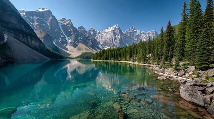 Serene Moraine Lake Reflection Canadian Rockies with Mountains and Turquoise Water