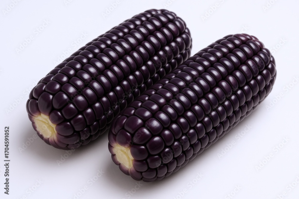 Poster two ears of purple corn with a unique color and pattern on a white background