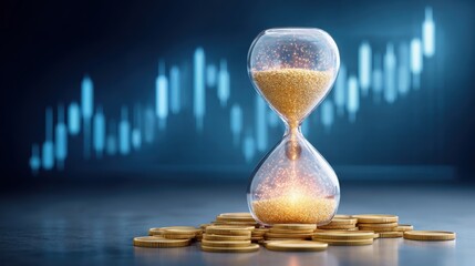 Recession risk Concept. A digital art piece showing an hourglass filled with shimmering gold sand, surrounded by coins, symbolizing time and wealth against a financial chart backdrop.