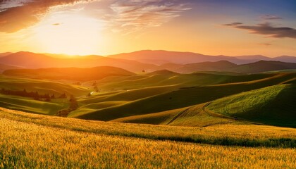 Fototapeta premium A Vibrant Landscape Of Rolling Hills And Golden Fields At Sunset