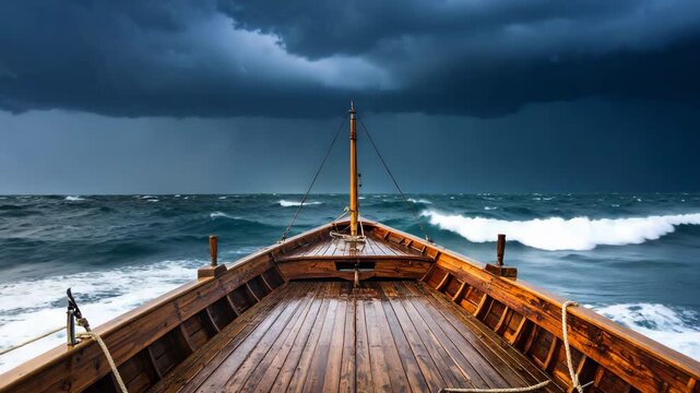 Navigating choppy seas on wooden boat with oncoming dark storm on ocean horizon, POV from the bow showing waves and dramatic weather, maritime adventure concept