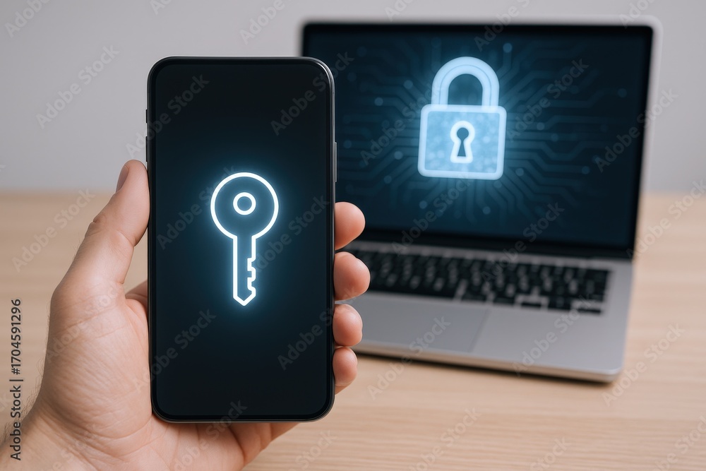 Poster data protection: secure smartphone and laptop illustrating cybersecurity measures and digital encryp