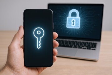 Data Protection: Secure Smartphone and Laptop Illustrating Cybersecurity Measures and Digital Encryption for Privacy and Confidentiality
