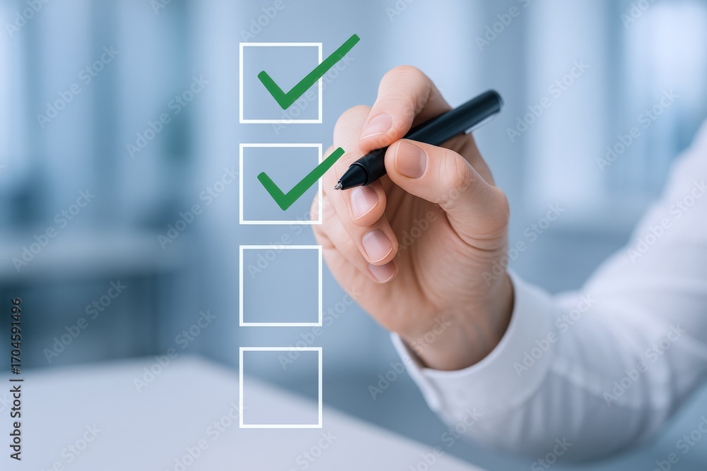 Poster hand marking checklist with green check marks, illustrating task completion and approval in business