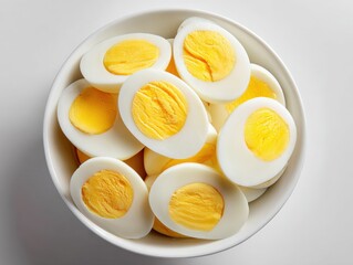 Bowl of Sliced Hard Boiled Eggs Displaying Vibrant Yellow Yolks and Smooth White Texture