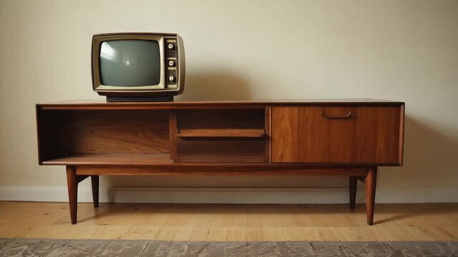 Alter Retro Fernseher auf Holzkommode im Vintage Stil