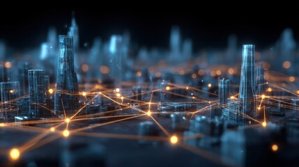 Digital Cityscape with Glowing Connections Representing Network, Data Transfer, and Modern Urban Planning