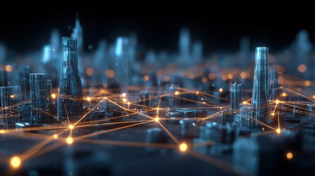 Digital Cityscape with Glowing Connections Representing Network, Data Transfer, and Modern Urban Planning