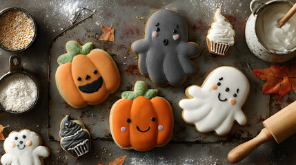 Overhead shot of halloween themed sugar cookies with icing and sprinkles on a baking sheet surface