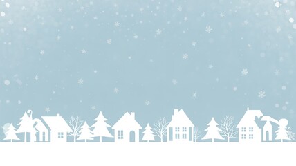 Fototapeta premium Winter landscape with white houses and trees under a snowfall on a light blue background