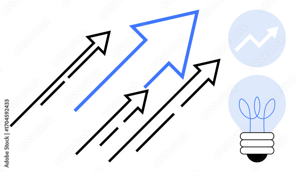 Poster black and blue arrows moving upward symbolizing progress, innovation with a light bulb and graph imp