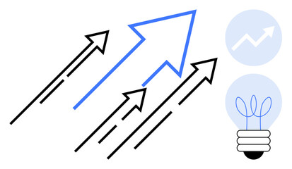 Black and blue arrows moving upward symbolizing progress, innovation with a light bulb and graph implying creativity and success. Ideal for growth, strategy, vision, goal, teamwork, business