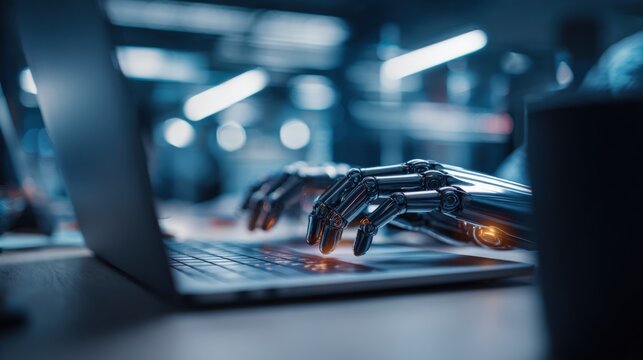 Robot Hands Typing on Laptop Keyboard in Futuristic Office, Concept of Artificial Intelligence and Automation