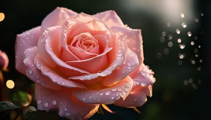 A High Resolution Photo Of A Pink Rose Against A Dark Background Featuring Water Droplets On The Petals And Subtle Golden Highlights
