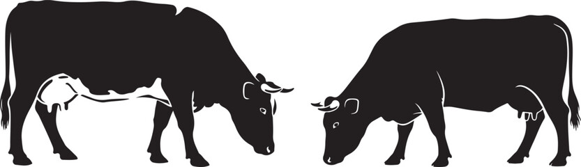 Black and White Silhouettes of Two Grazing Cows