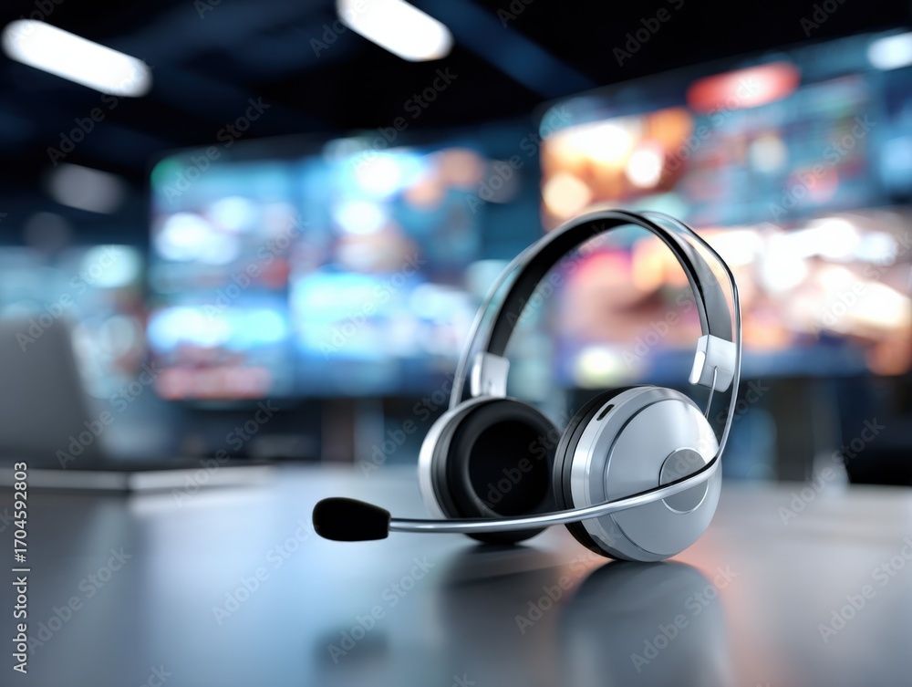 Poster modern call center headset on desk with blurred background monitors, representing communication and 