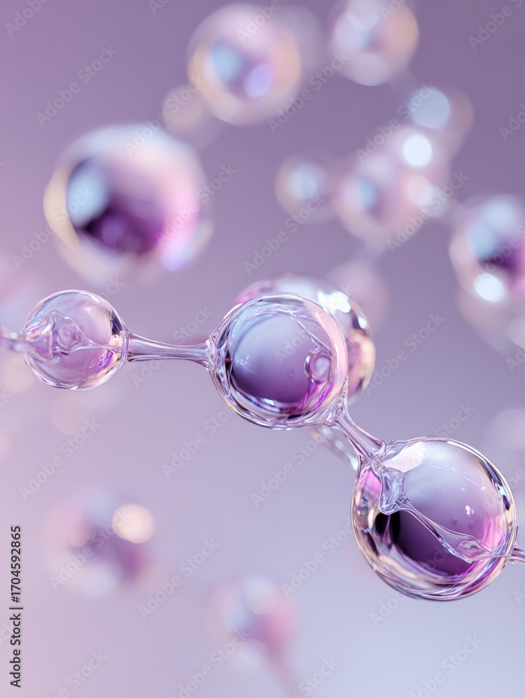 Poster abstract molecular structure with spheres and connections on a gradient purple background for scienc