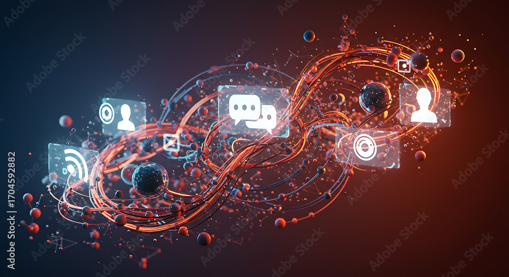 Poster digital network: capturing a complex network of digital communication, illustrated with abstract nod