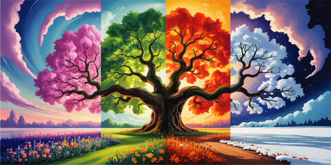 Vibrant Tree of Four Seasons Landscape – Spring, Summer, Autumn, Winter – Colorful Nature Artwork, Conceptual Seasonal Change Illustration