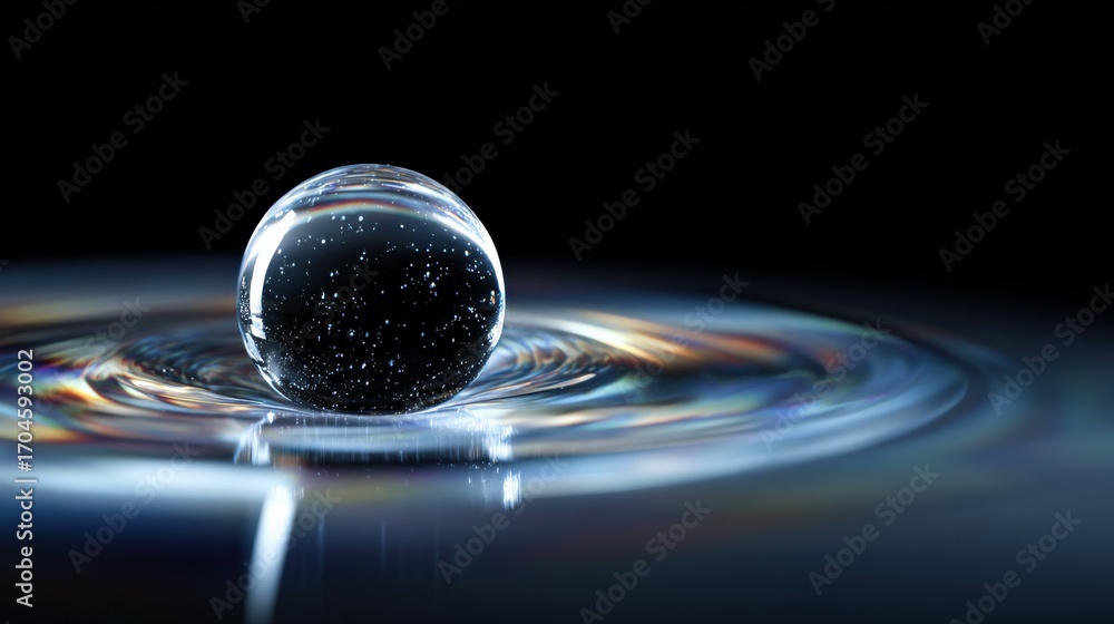 Poster abstract glass sphere on circular ripple surface creates a mesmerizing visual effect for creative pr