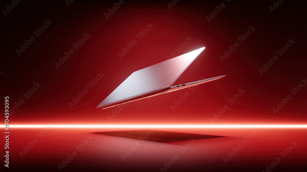 Poster sleek laptop floating in abstract red space: modern technology and design for business and creative 