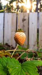 Unripe strawberry hanging in garden at sunset