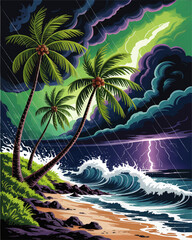 Dramatic Tropical Storm Beach Scene with Palm Trees, Crashing Waves, Lightning Strike, and Vibrant Night Sky Illustration