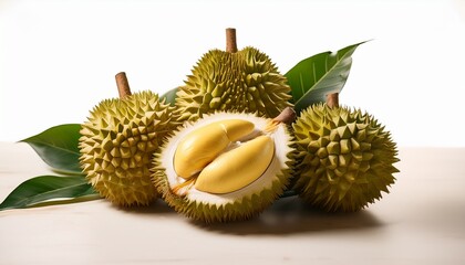 Obraz premium A Cluster Of Ripe Durians With One Open Revealing Its Creamy Yellow Flesh And Green Leaves