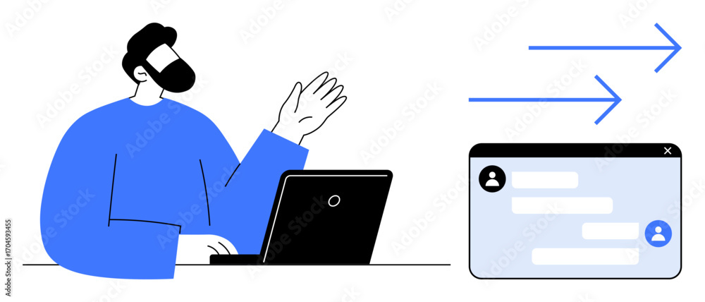Poster man waving while interacting on a laptop, chat window with user icons and text bubbles, blue arrows 