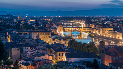 Skyline view of Arno River day to night timelapse, Ponte Vecchio from Piazzale Michelangelo at Sunset, Florence, Italy.