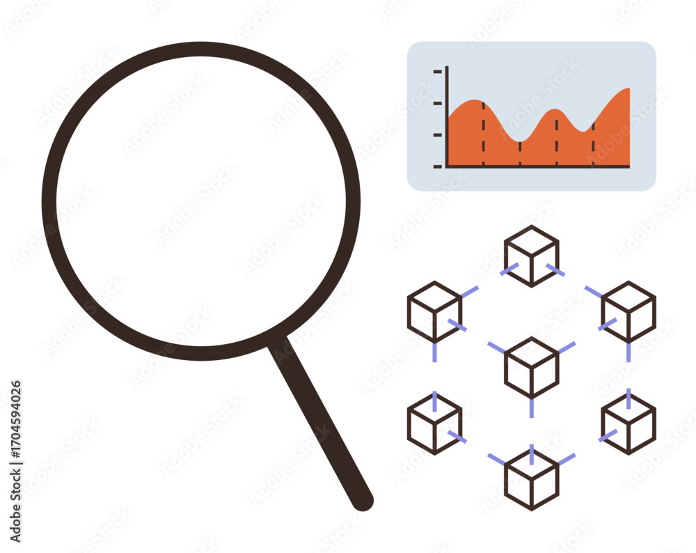 Poster magnifying glass, data chart with trends, and interconnected blocks representing blockchain and data